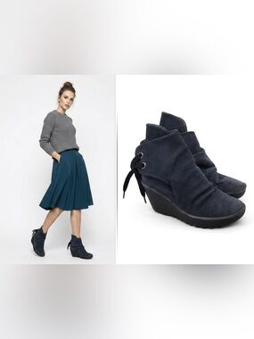 Fly London Luxury Grunge Whimsigoth Casual Black Suede Wedge Ankle Booties